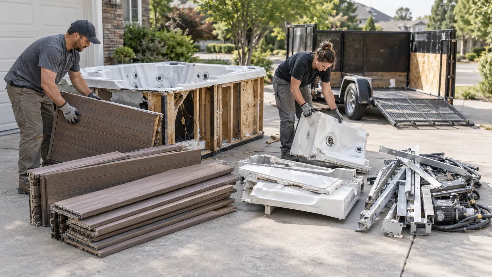 hot tub disposal in progress at a residential property