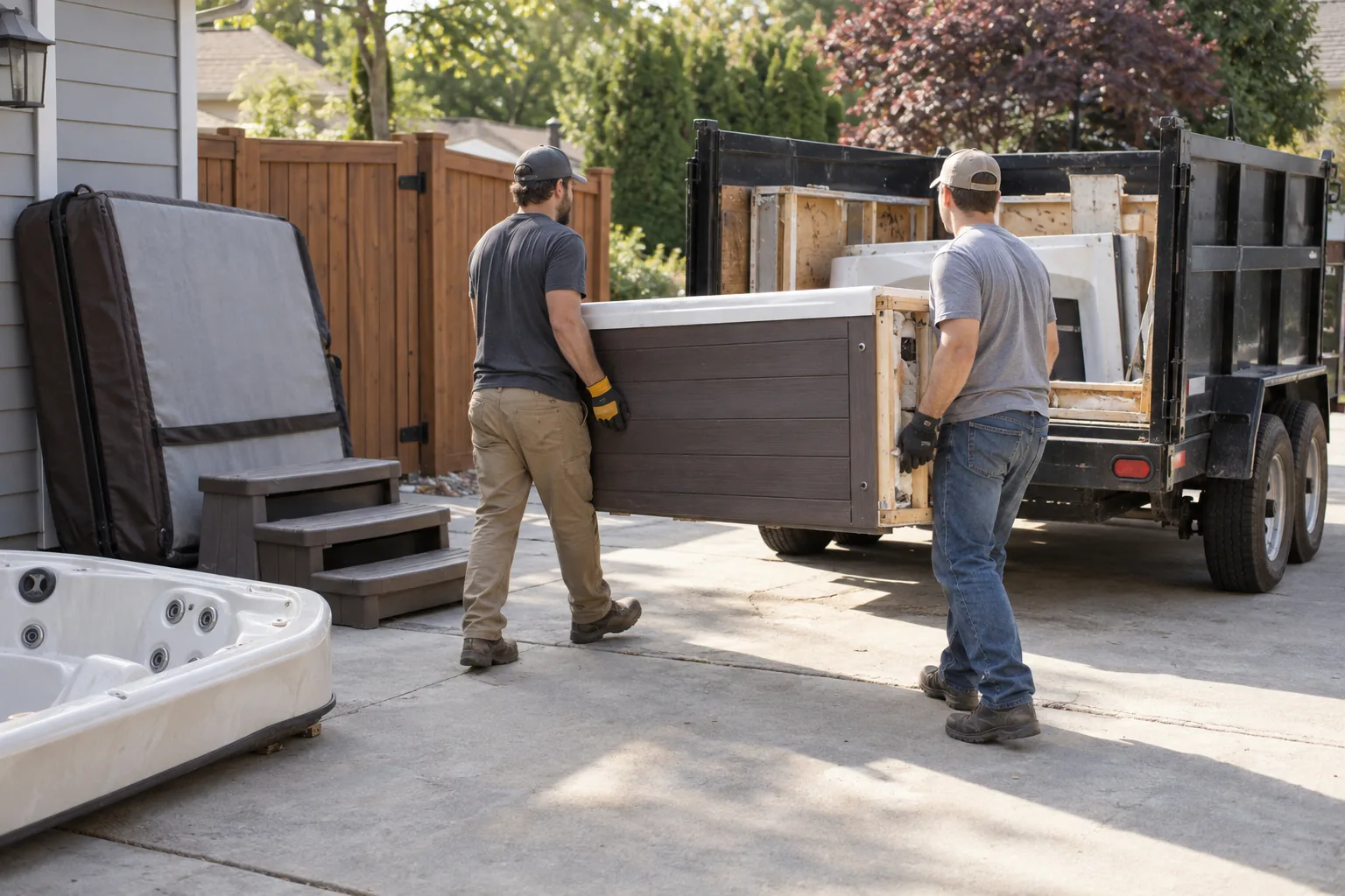 Hot tub sections being carried toward a hauling trailer
